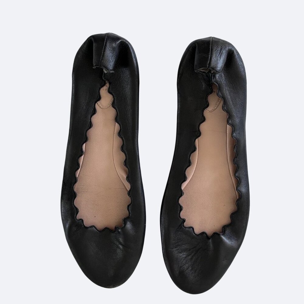 Chloe Black Leather Scalloped Flats